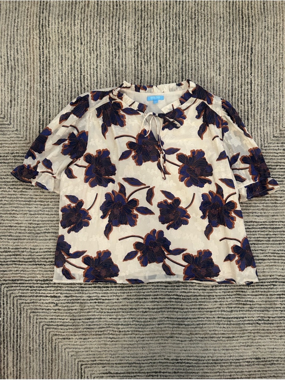 Draper James White Blouse with Navy and Brown Floral Print